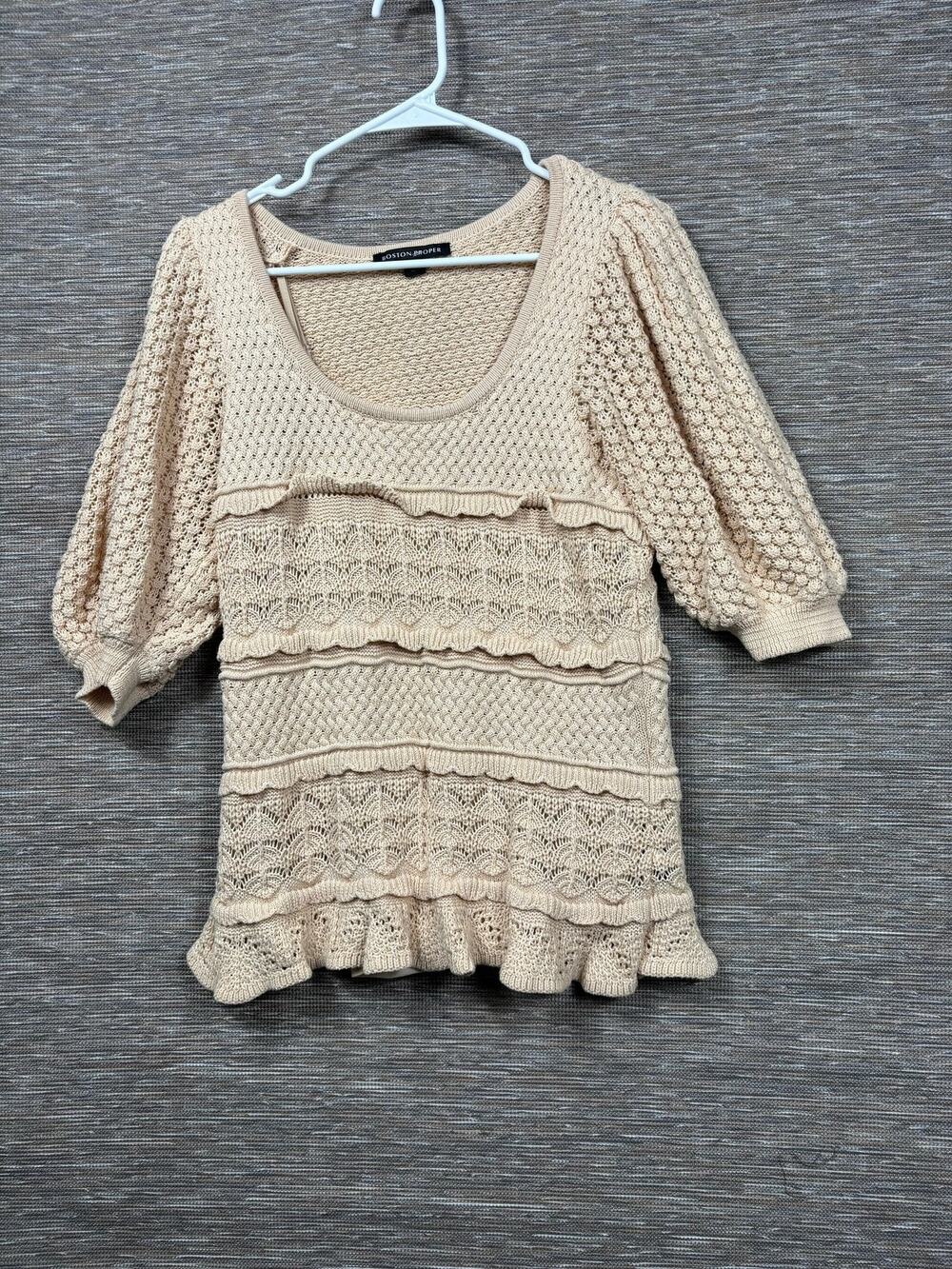 Boston Proper Sweater Tunic Womens M Beige Crochet Ruffle Puff Sleeve Open Knit